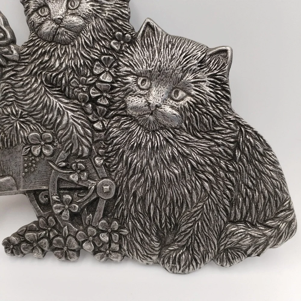 VTG Carson Pewter Cat Wall Plaque Two Longhair Cats Butterfly Garden Wheelbarrow